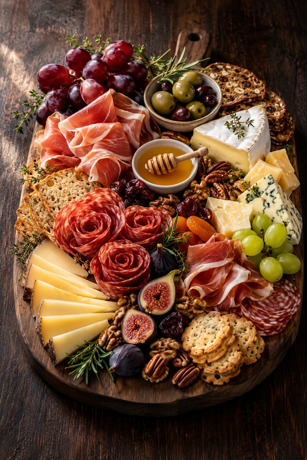 Elegant charcuterie board with artisan cheeses and cured meats