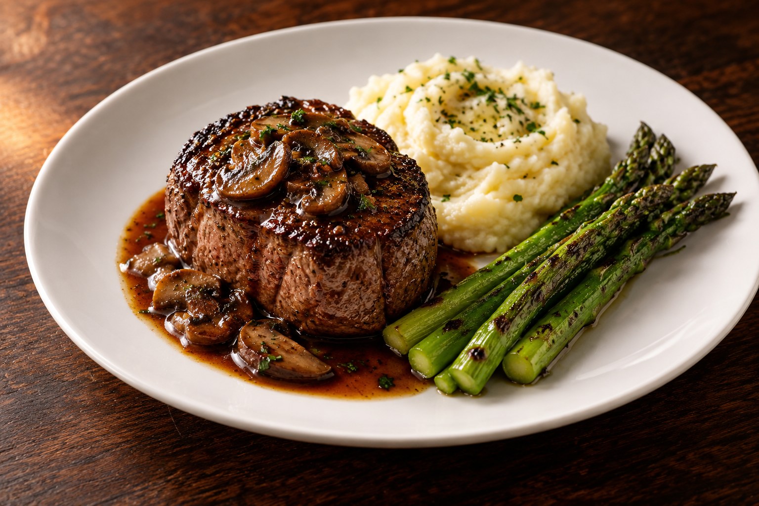 Filet mignon dinner with mashed potatoes and asparagus